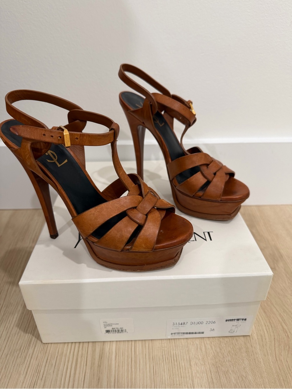 Saint Laurent Tan Brown Knotted Leather Platform Sandals